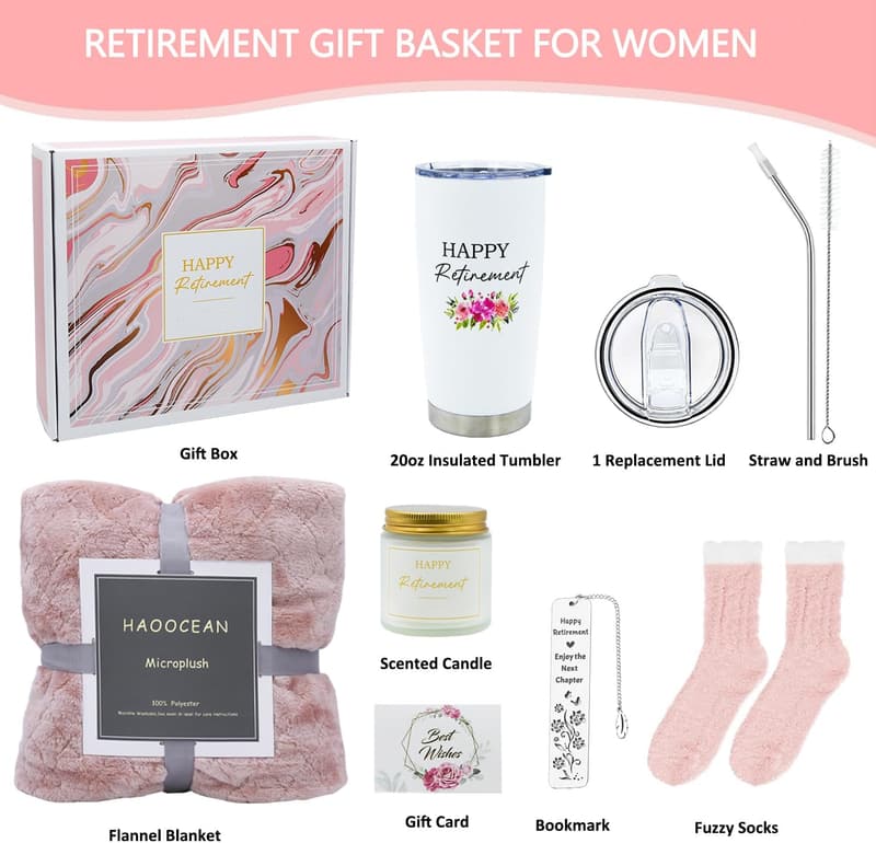 Retirement Gift Basket for Women with Tumbler, Blanket & Candles