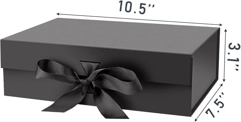 Black Gift Box with Lid, 10.5x7.5x3.1 Inches, Ribbon Closure
