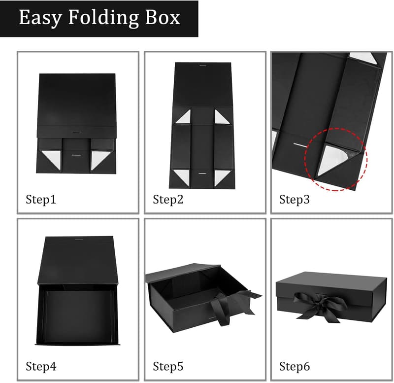 Black Gift Box with Lid, 10.5x7.5x3.1 Inches, Ribbon Closure