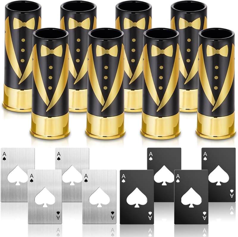 Groomsmen Gifts: 16-Piece Tuxedo Shot Glass Set with Bottle Opener