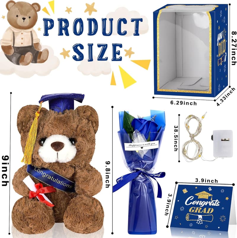 Graduation Gift Set: Stuffed Bear, Soap Flower & Congrats Card