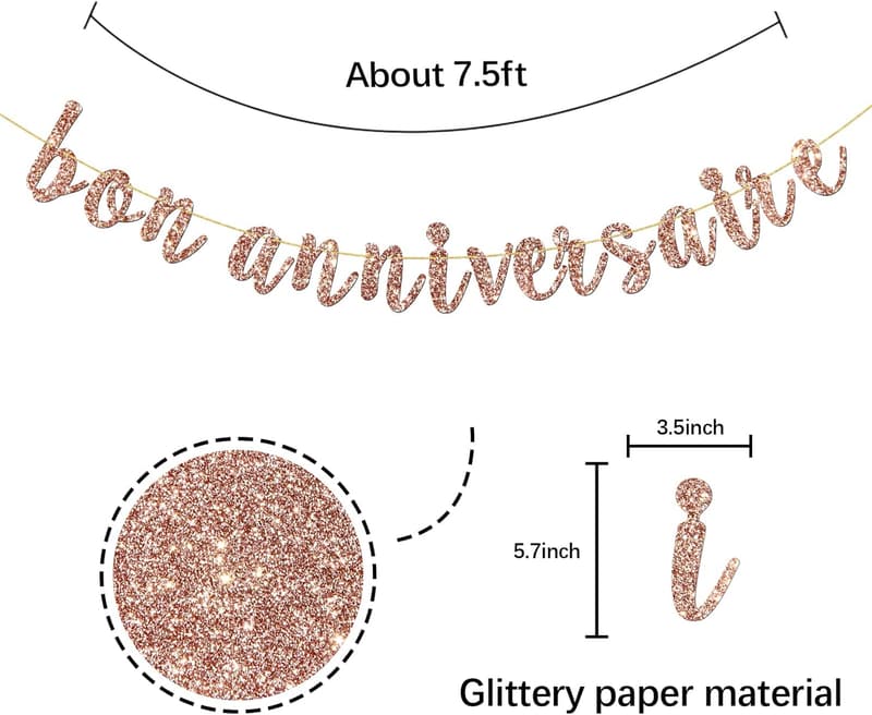 French-Themed Birthday Banner with Rose Gold Glitter Decor