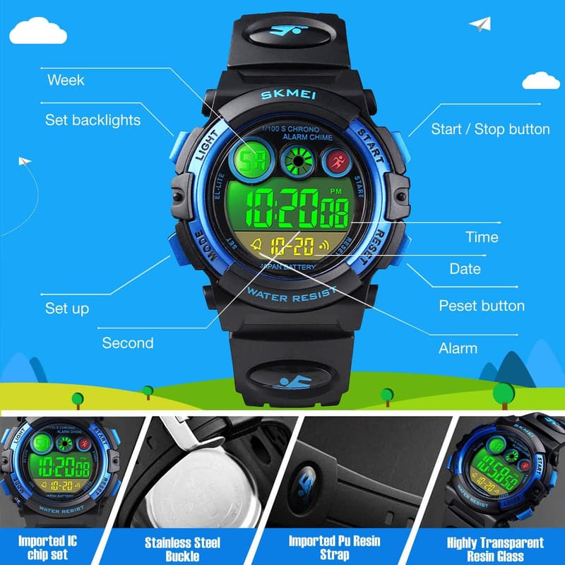 Kids Waterproof Digital Sport Watch with 7-Color LED Display
