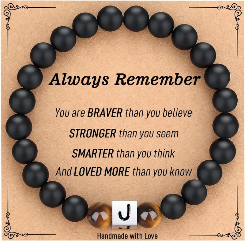 Personalized Men's Initial Bracelet - Natural Stone Beads