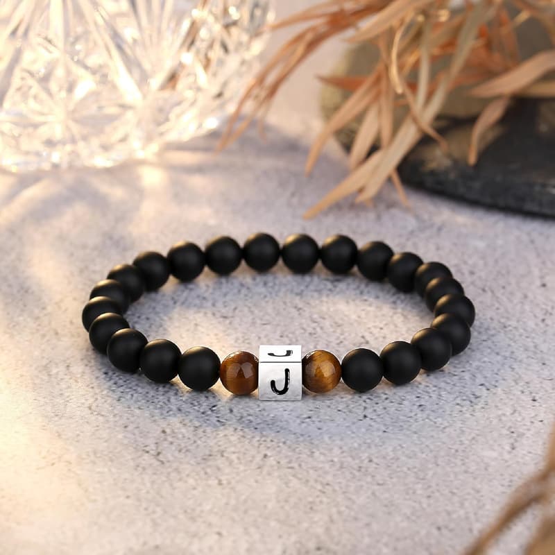 Personalized Men's Initial Bracelet - Natural Stone Beads