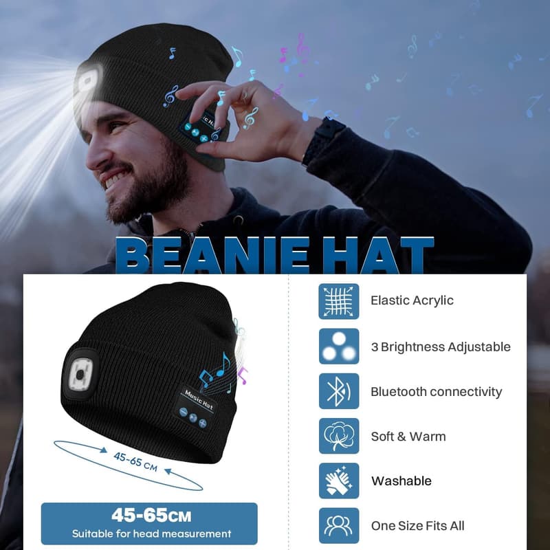 Bluetooth Beanie Hat with Light & Headphones - Gifts for All
