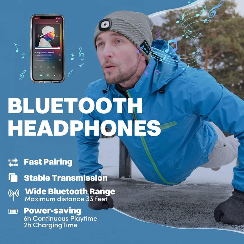 Bluetooth Beanie Hat with Light & Headphones - Gifts for All