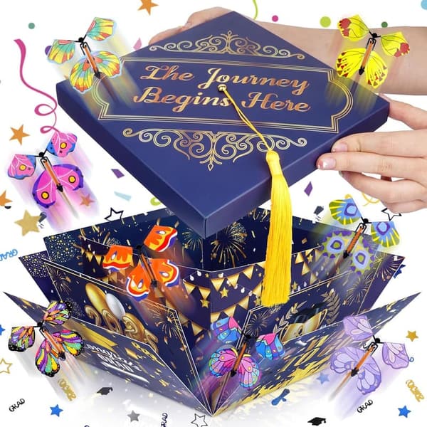 Graduation Gift Box with 8 Flying Butterflies - Blue & Gold