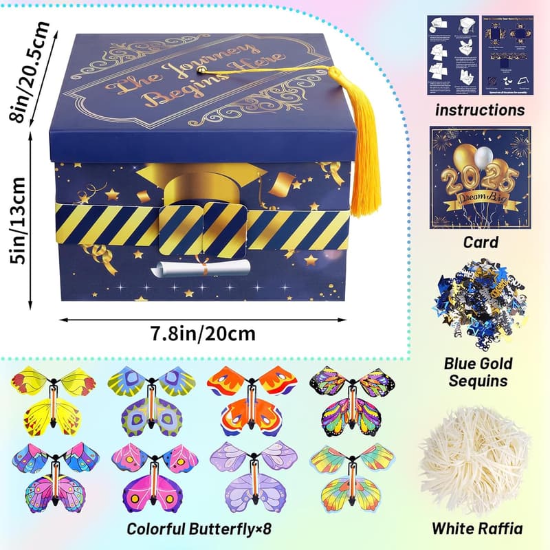 Graduation Gift Box with 8 Flying Butterflies - Blue & Gold