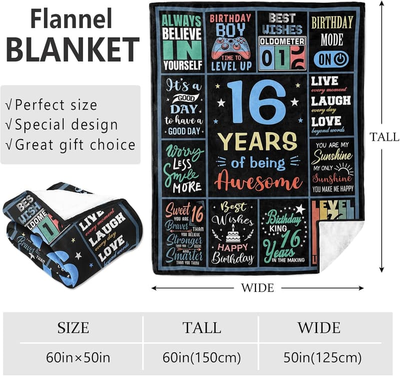 16th Birthday Fleece Blanket for Boys, 60