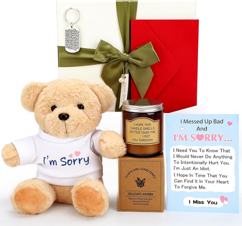 I'm Sorry Gift Set with Plush Bear, Candle, Card & Keychain