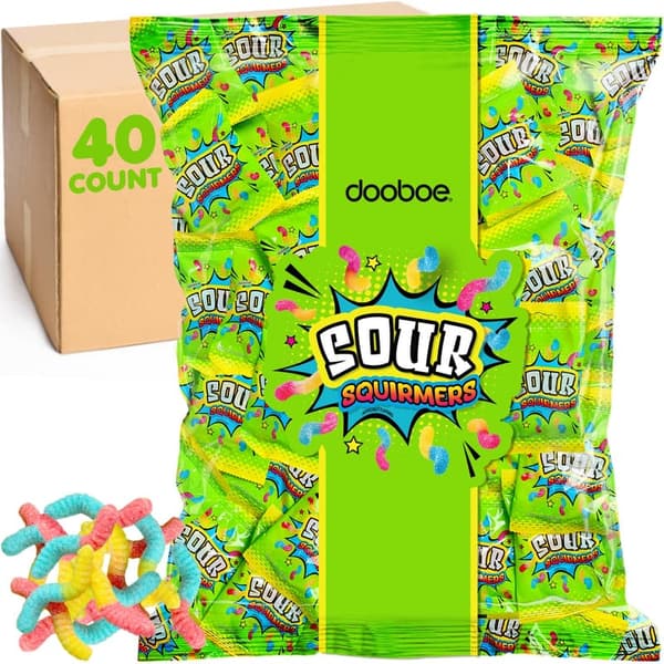 Sour Gummy Worms - Bulk Pack of 40 Assorted Snack Bags