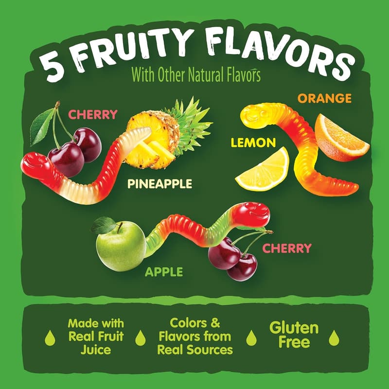 Real Fruit Juice Gummy Worms, 6 oz Bags (Pack of 8)