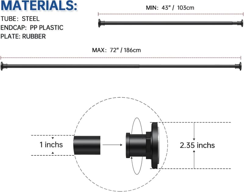 Tension Curtain Rod - Matte Black Stainless Steel, 43-72 Inch