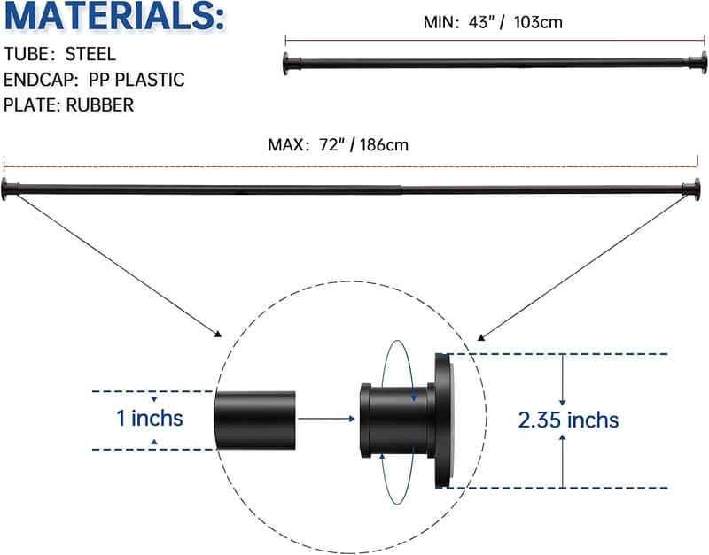 Matte Black Stainless Steel Shower Curtain Rod - 43-72 Inch