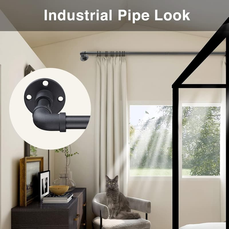Matte Black Industrial Curtain Rods Set for 48-84 Inch Windows