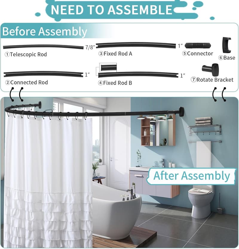 Matte Black Adjustable Curved Shower Curtain Rod, 35-82 in.