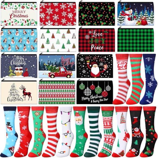 Christmas Gift Set for Women: 14 Makeup Bags & 14 Pairs of Socks