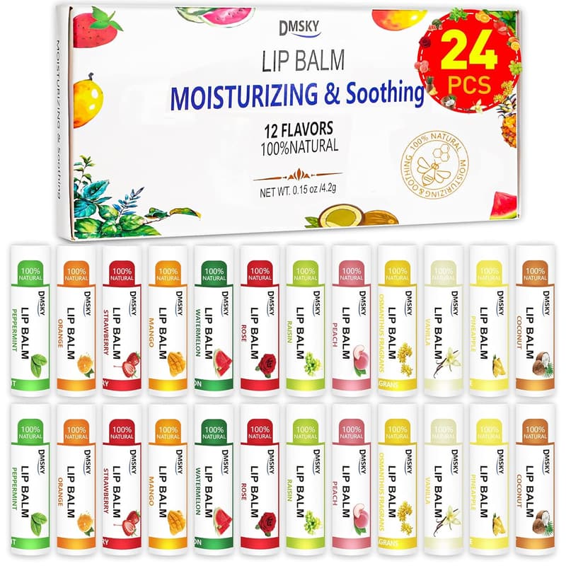 Natural Lip Balm Pack with Vitamin E & Coconut Oil - 12 Flavors