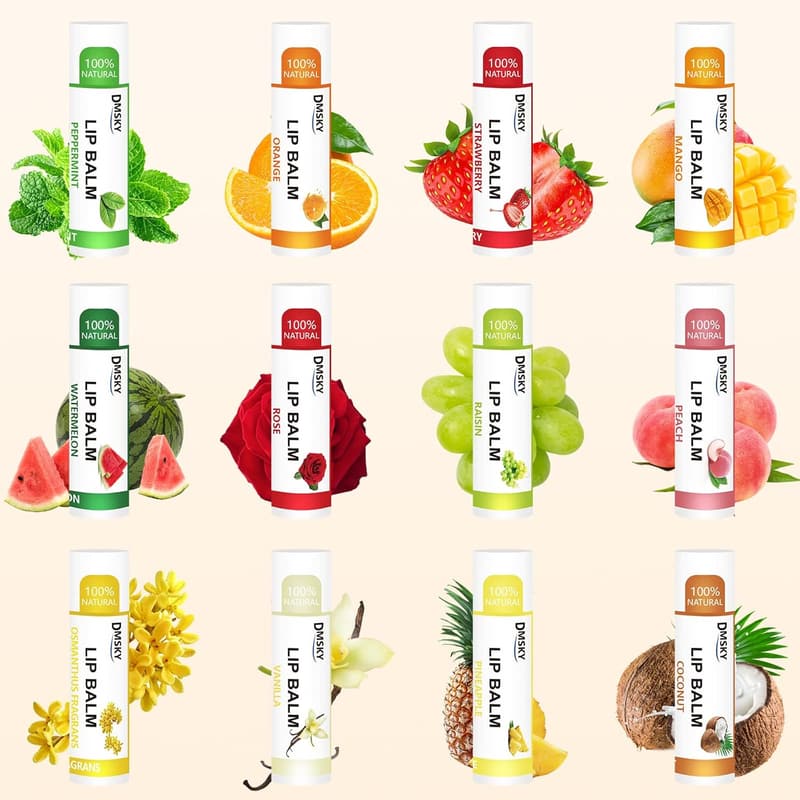 Natural Lip Balm Pack with Vitamin E & Coconut Oil - 12 Flavors