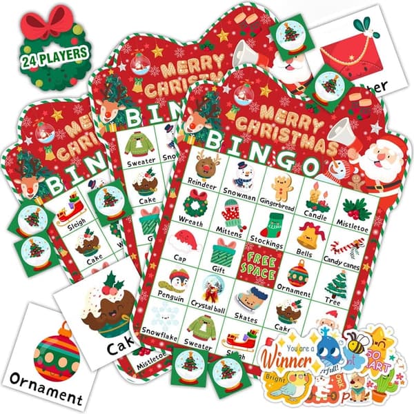 Christmas Bingo Game Set for 24 Players with Reward Stickers
