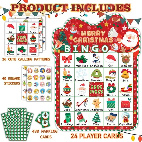 Christmas Bingo Game Set for 24 Players with Reward Stickers