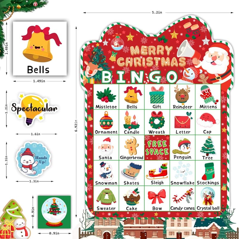 Christmas Bingo Game Set for 24 Players with Reward Stickers