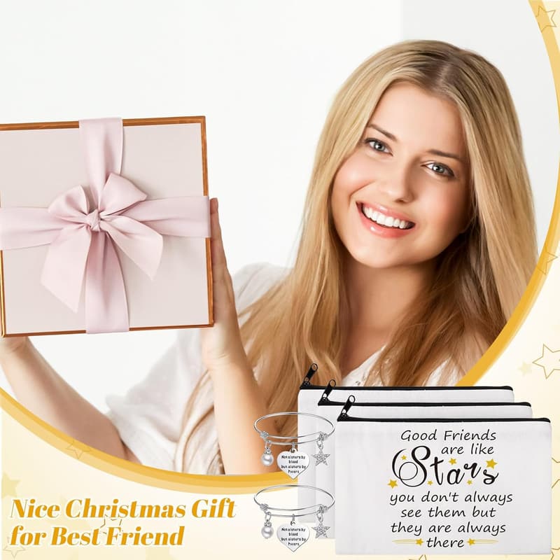 Friendship Birthday Gift Set for Women: Makeup Bag & Adjustable Bracelet
