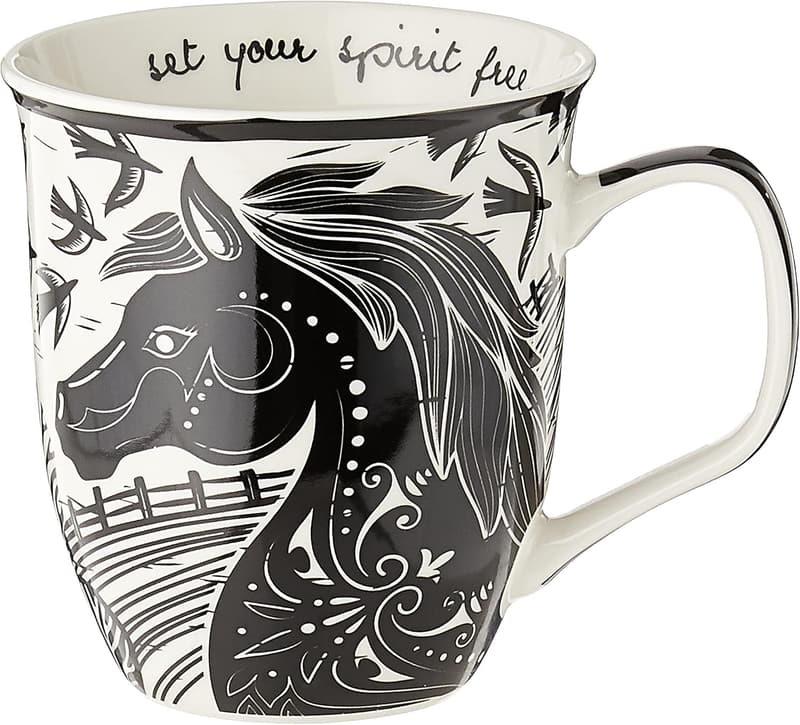 Boho Horse Ceramic Mug - 16 oz Black & White for Coffee & Tea