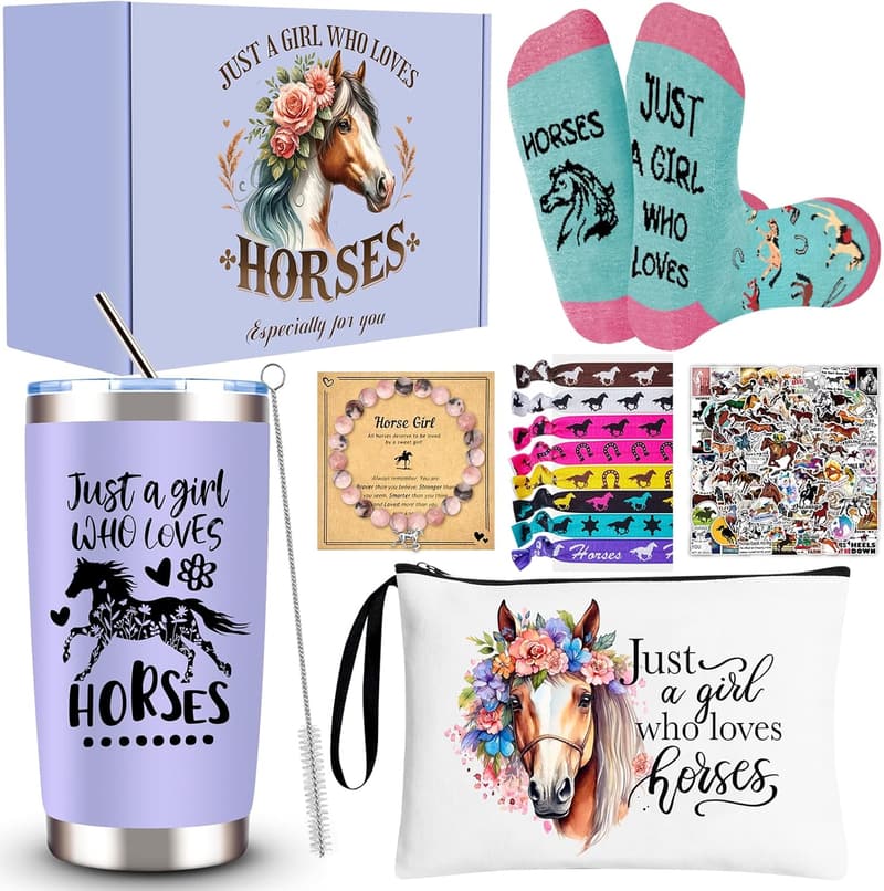 Horse Lover Birthday Gift Set with Tumbler, Makeup Bag & Accessories
