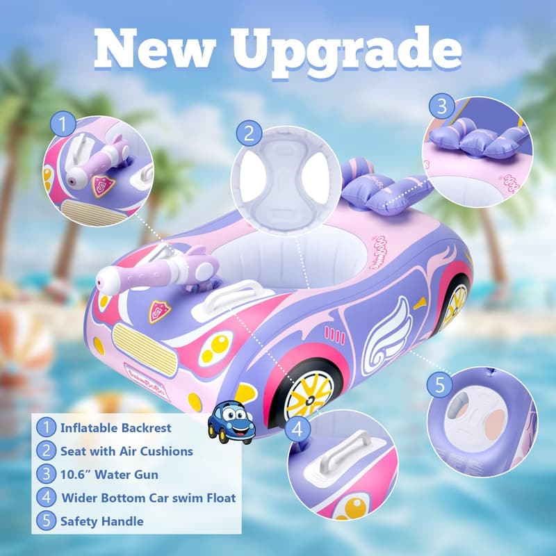 Heavy Duty Baby Pool Float - 3D Car Design for Toddlers