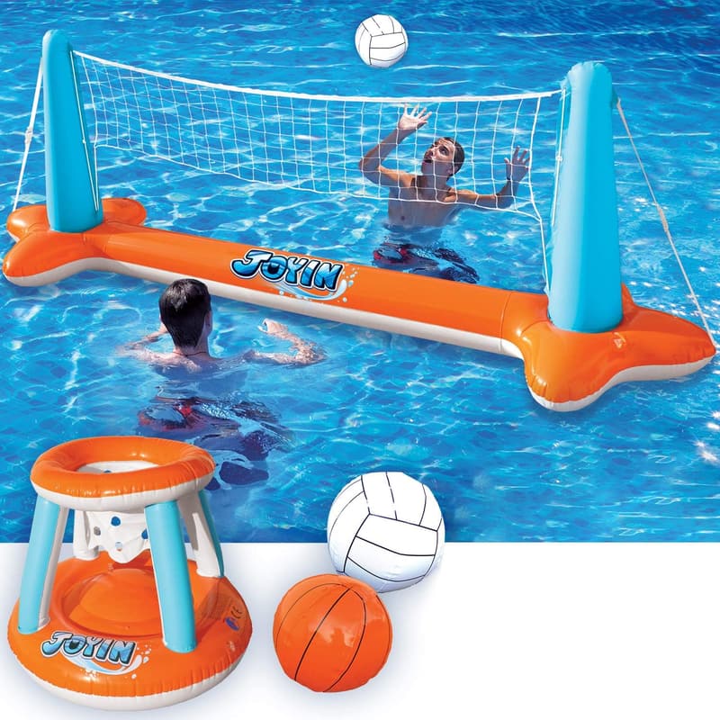 Summer Inflatable Pool Float Set: Volleyball Net & Basketball Hoop