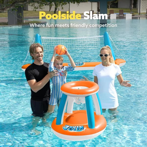 Summer Inflatable Pool Float Set: Volleyball Net & Basketball Hoop