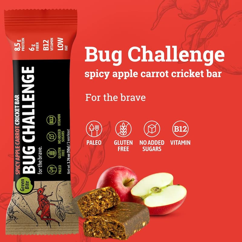 Fit and Active Cricket Protein Meal Replacement Bars - Spicy Apple Carrot, Pack of 8