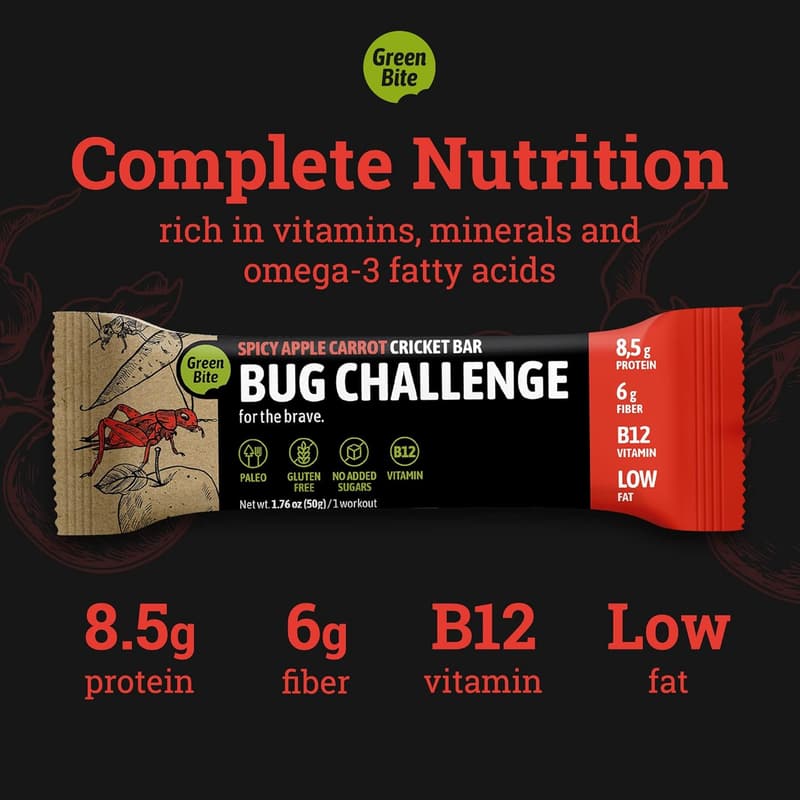 Fit and Active Cricket Protein Meal Replacement Bars - Spicy Apple Carrot, Pack of 8