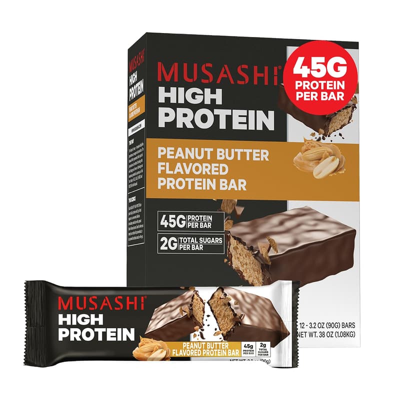 MUSASHI Peanut Butter Protein Bar - 45g Protein, 12 Pack