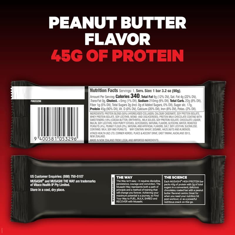 MUSASHI Peanut Butter Protein Bar - 45g Protein, 12 Pack