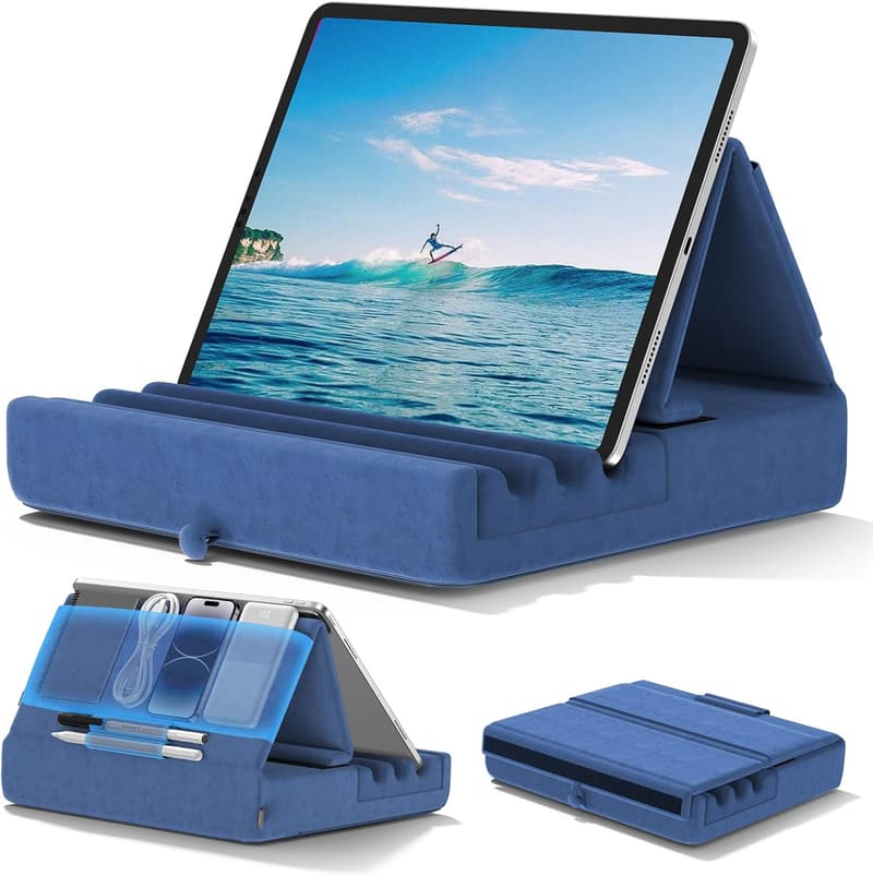 Foldable Tablet Pillow Holder Stand with Pocket & Stylus Mount