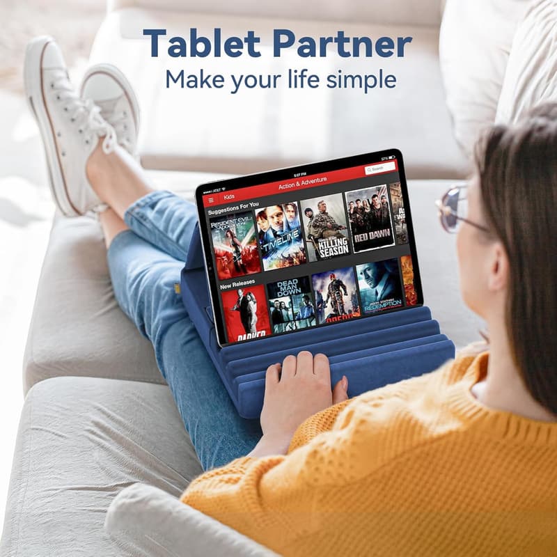 Foldable Tablet Pillow Holder Stand with Pocket & Stylus Mount