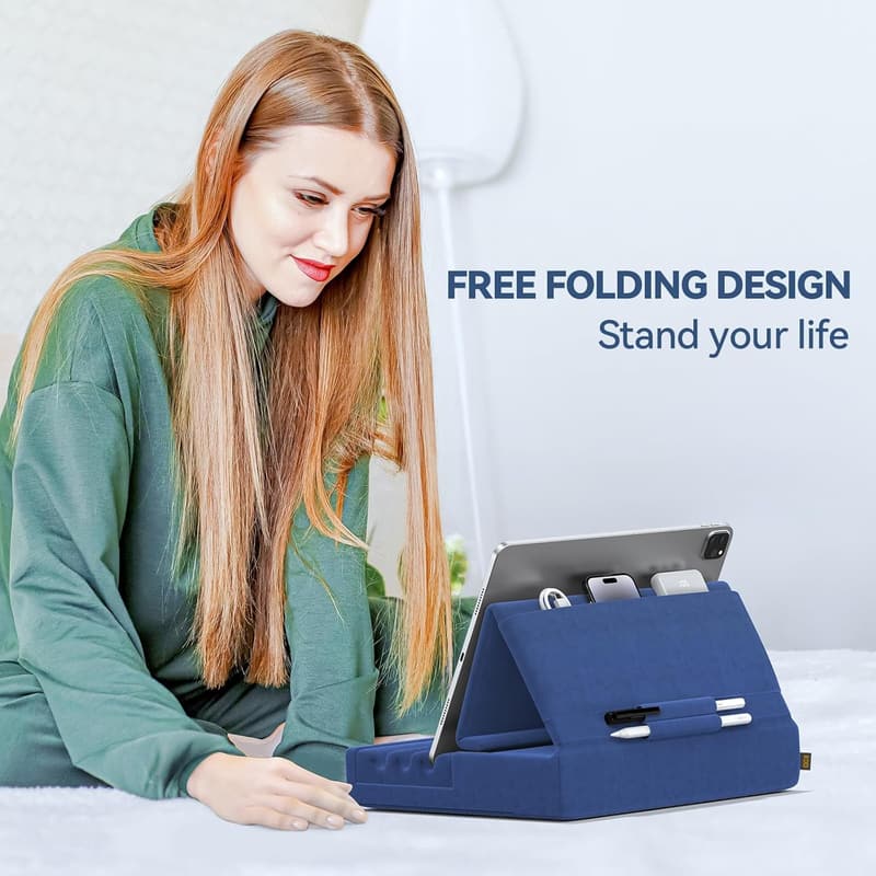 Foldable Tablet Pillow Holder Stand with Pocket & Stylus Mount
