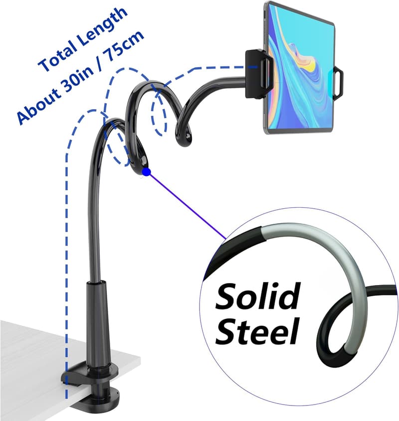 Flexible Gooseneck Tablet Stand Holder with Grip - Black