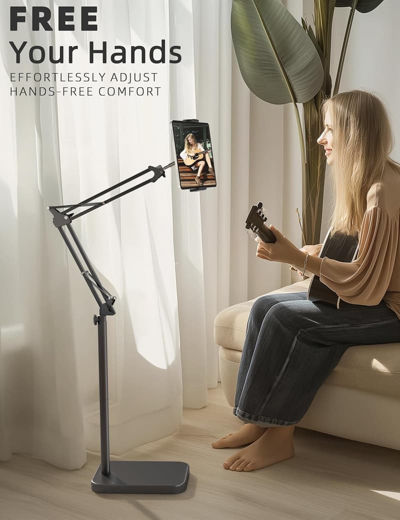 Adjustable Tablet Floor Stand with Stable Base for All Devices