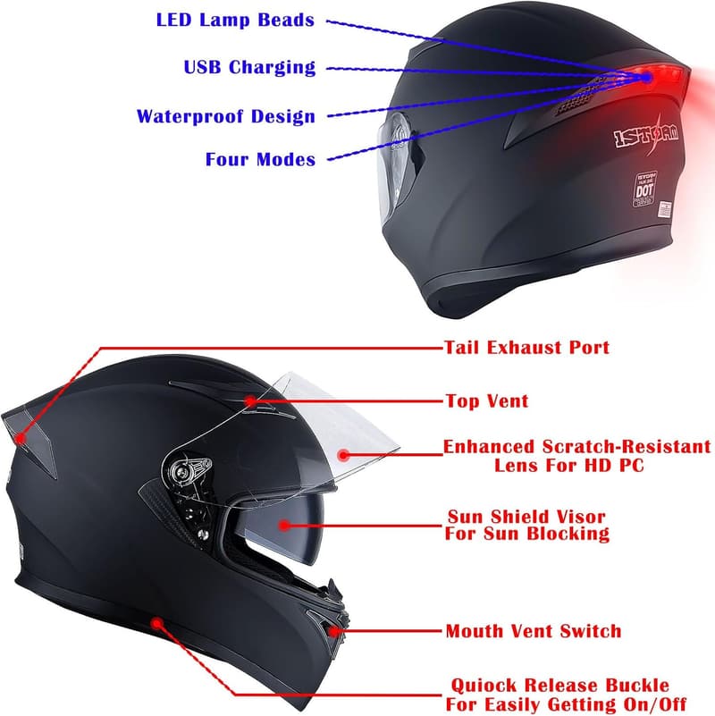 Full Face Motorcycle Helmet with Dual Visors and LED Light - Matte Black