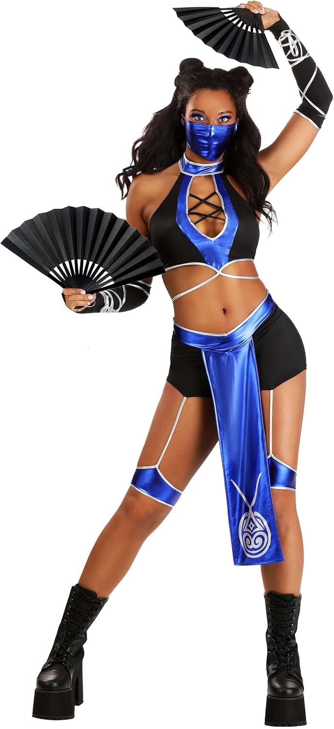 Adult Ninja Combat Costume Set - Blue Top, Shorts, Garters, Mask