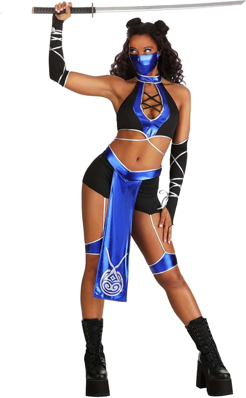 Adult Ninja Combat Costume Set - Blue Top, Shorts, Garters, Mask