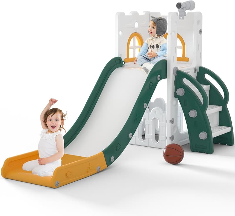 Toddler Slide Playset with Basketball Hoop & Storage