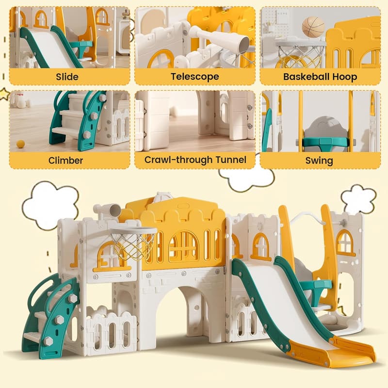 10-in-1 Toddler Playset with Slide, Swing, and Basketball Hoop