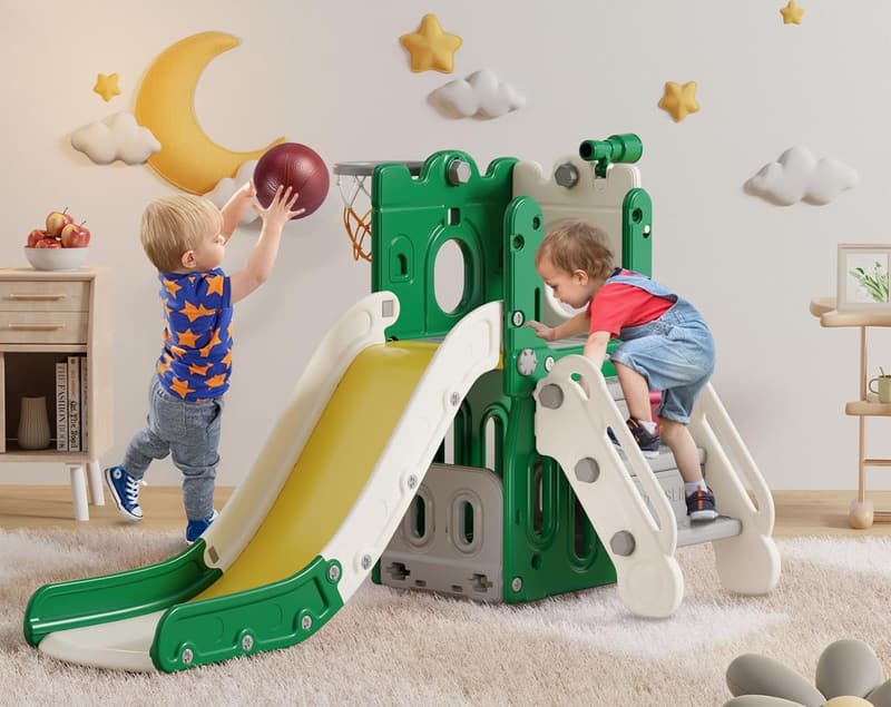 L-Shaped Toddler Slide with Basketball Hoop & Ring Toss