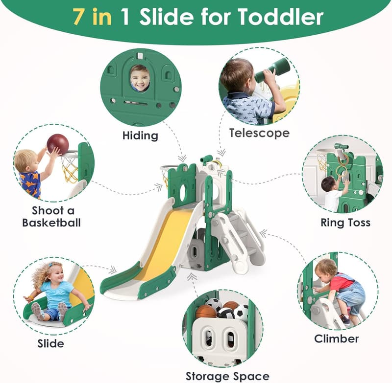 L-Shaped Toddler Slide with Basketball Hoop & Ring Toss