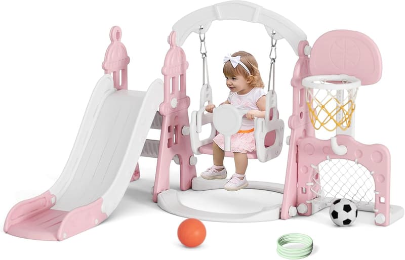 Kids Outdoor Slide and Swing Set with Basketball Hoop (Pink)